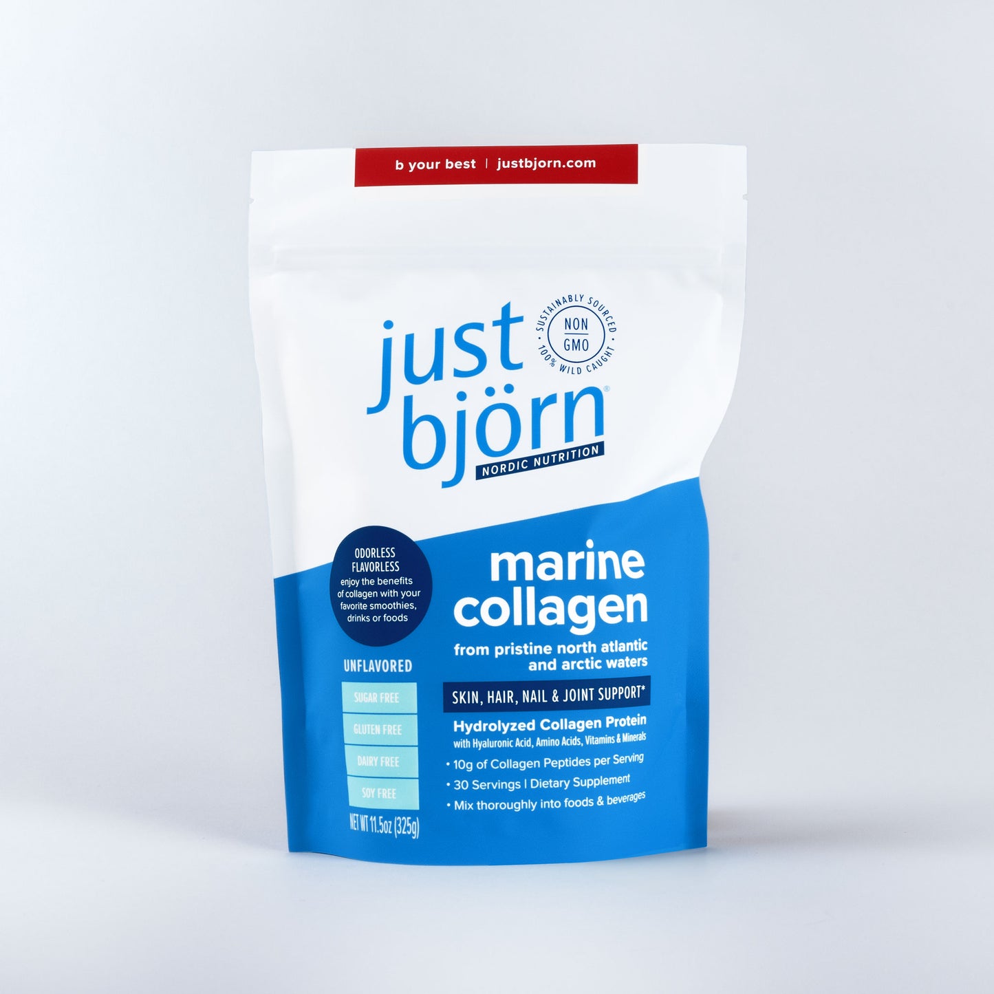 Just Bjorn Marine Collagen Peptides with Hyaluronic Acid and Vitamin C, 30 servings pouch, 11.5oz (325g)