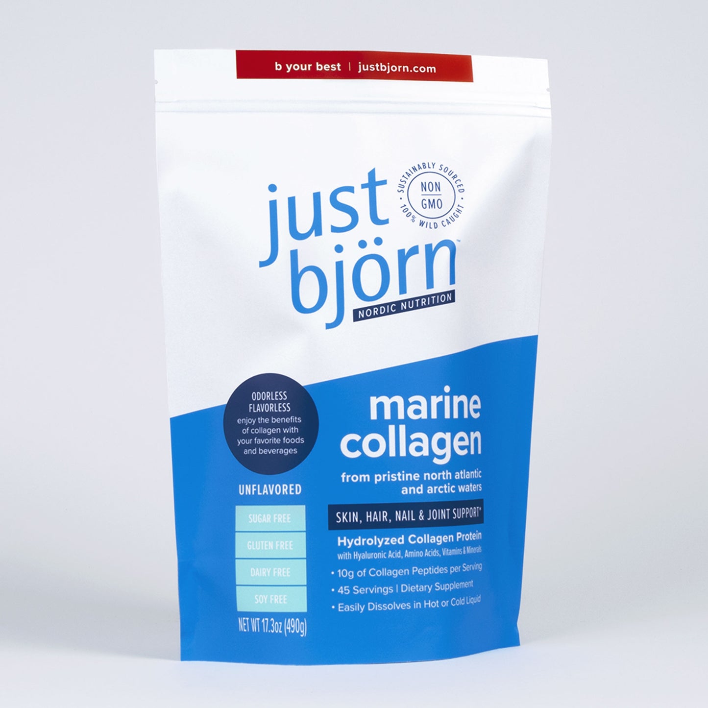Large 45-serving pouch (17.3oz/490g) of Just Bjorn Marine Collagen Peptides, unflavored