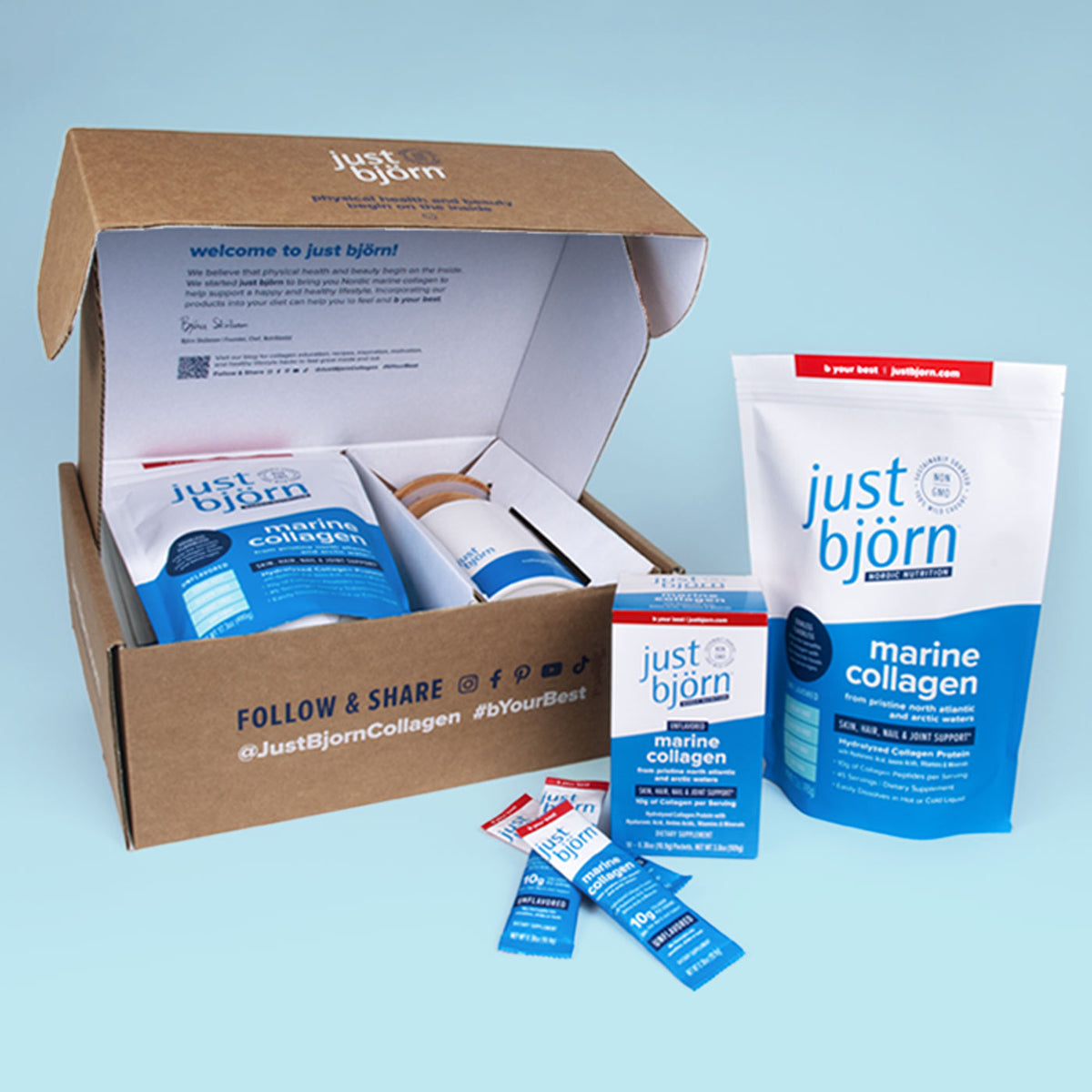 Photo showing the maring collagen pouch, the to go sticks and it's box, and the Just Bjorn starter kit