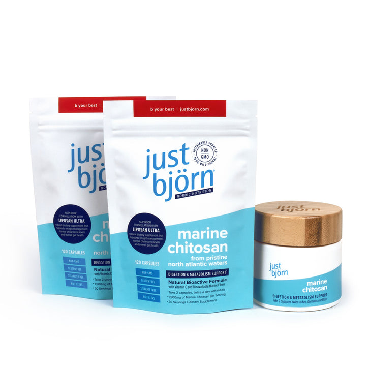 Just Björn Marine Chitosan Starter Kit bundle with supplement pouches and reusable storage canister for a consistent daily routine