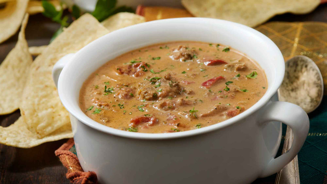 Cheesy Beef Taco Soup with Tortilla Chips