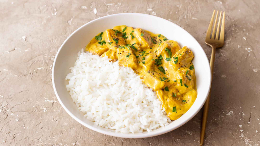 Creamy mango chicken served with rice