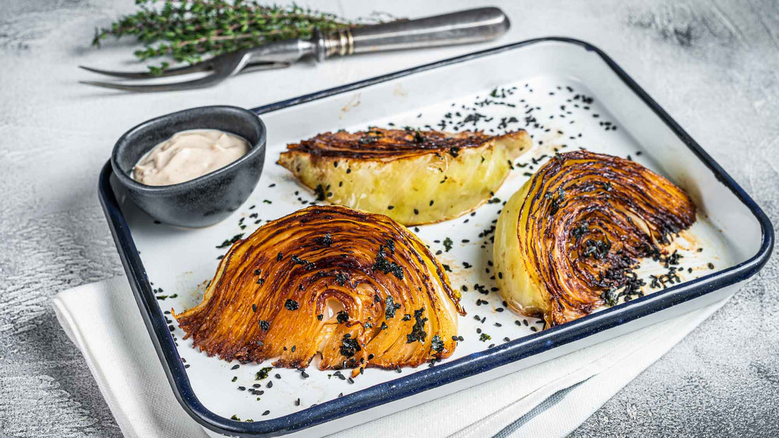  Healthy vegan Roasted cabbage steaks with spices in baking dish