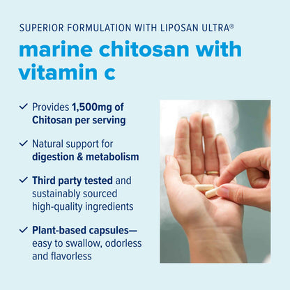 Product advertisement for marine chitosan with vitamin C, showing a hand holding a capsule.