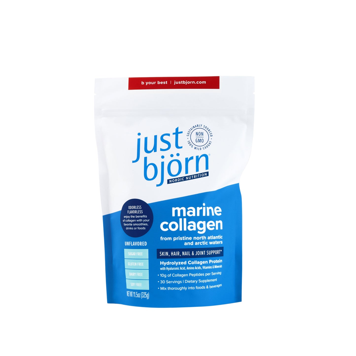 Just Bjorn Marine Collagen Peptides with Hyaluronic Acid and Vitamin C, 30 servings pouch, 11.5oz (325g)
