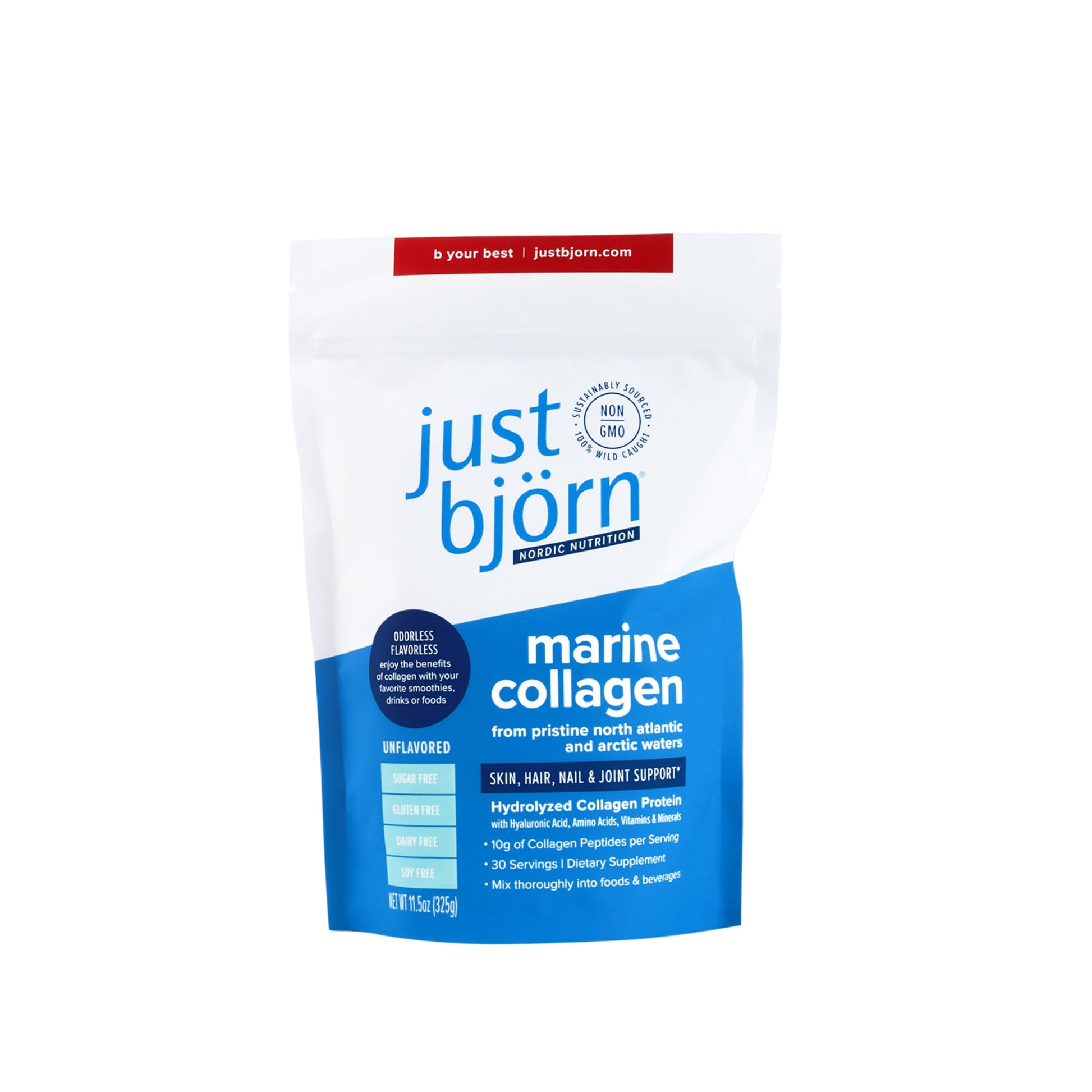 Just Bjorn Marine Collagen Peptides with Hyaluronic Acid and Vitamin C, 30 servings pouch, 11.5oz (325g)