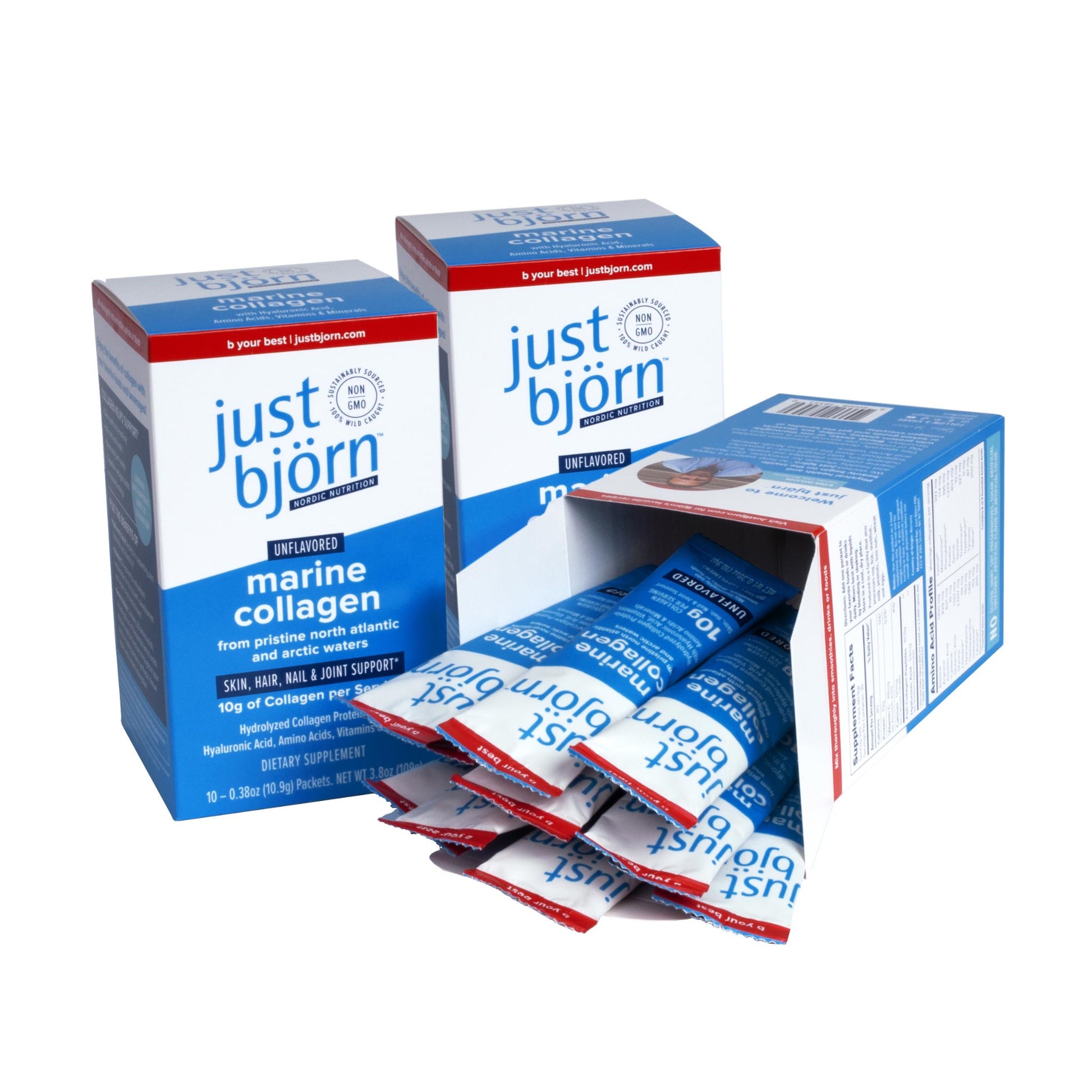 Just Bjorn Marine Collagen Stick Packs – 3 Pack Box with Hyaluronic Acid and Vitamin C