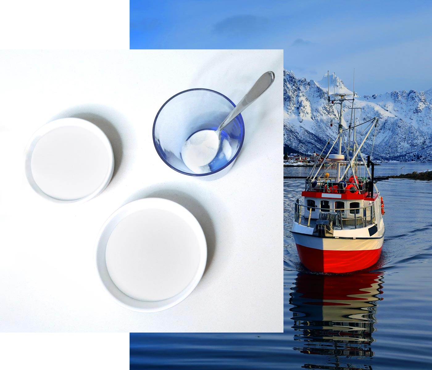 Image of nordic fishing boat on water overlayed with image of two plates and a cup with a spoon full of collagen