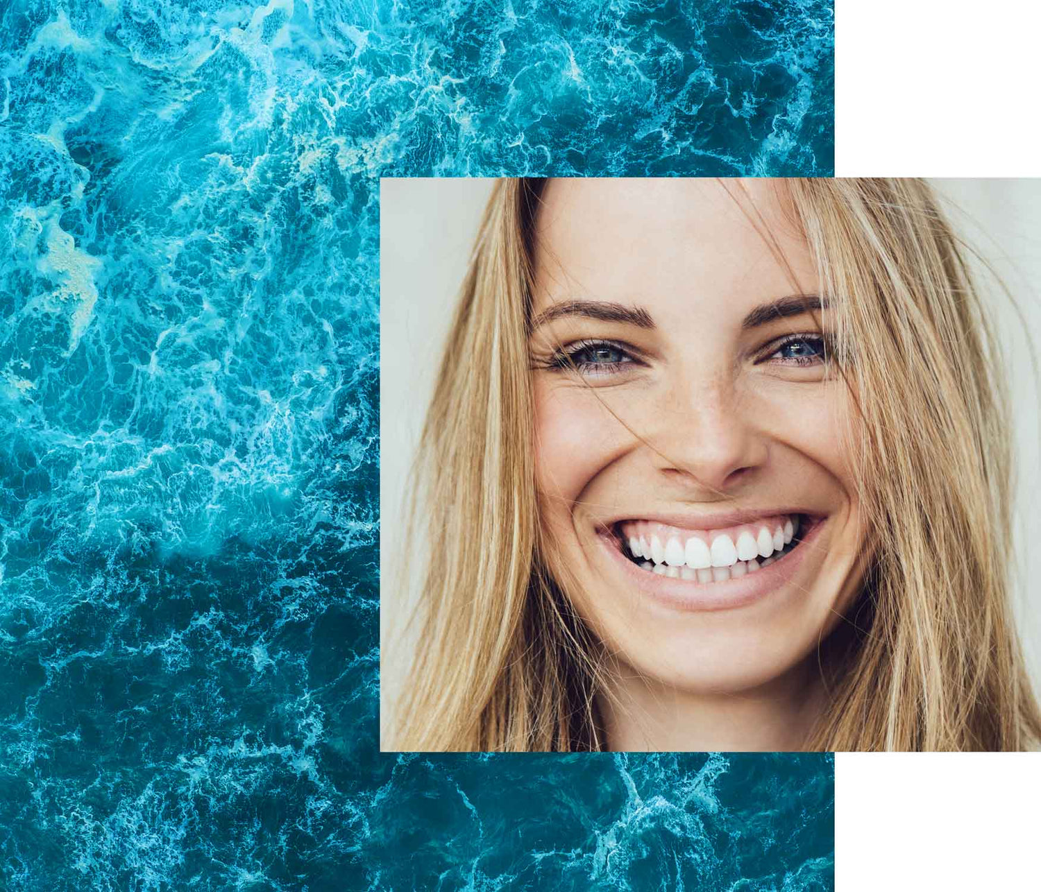 Image of ocean waters overlayed with close up portrait of blonde woman smiling at camera