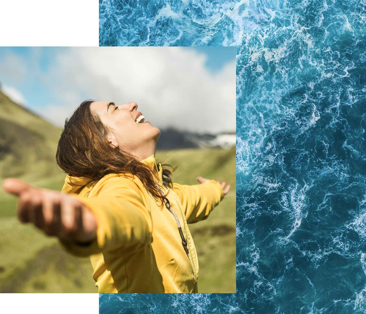 Image of ocean waters overlayed with image of woman in a red jacket in nature, spreading her arms out
