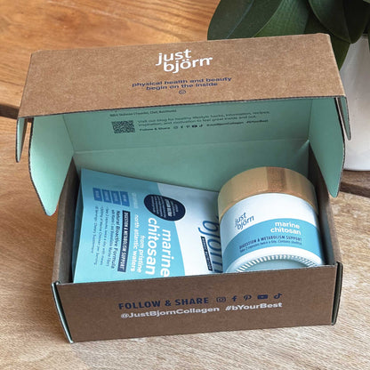 Just Björn Marine Chitosan Starter Kit packaging with pouch and reusable canister for consistent supplement routine