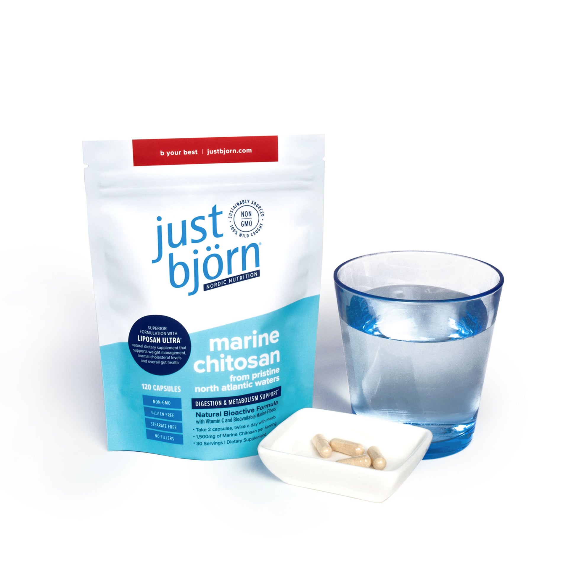 Just Björn marine chitosan capsules with water and pouch packaging for daily digestion and weight management support