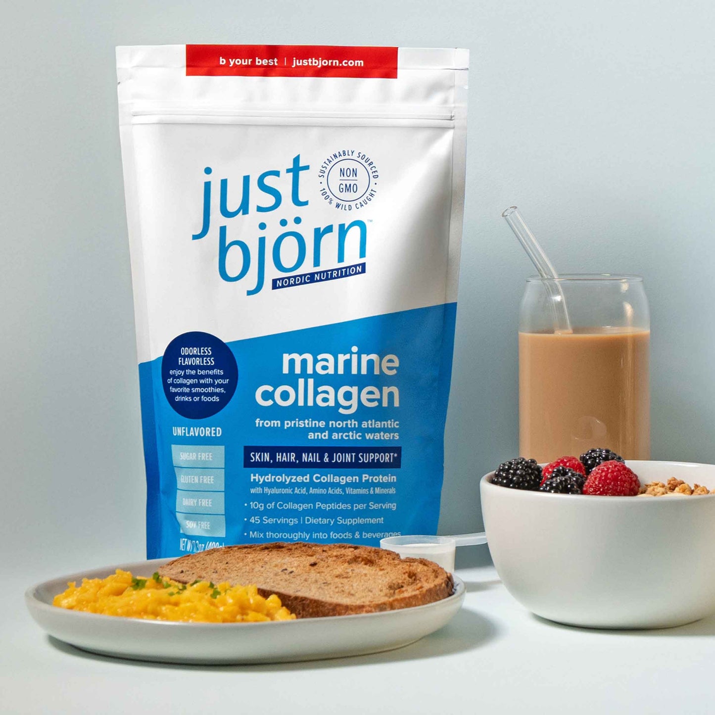 just bjorn marine collagen powder added to morning breakfast for smooth, creamy blend | add to coffee, oatmeals and even omelets 