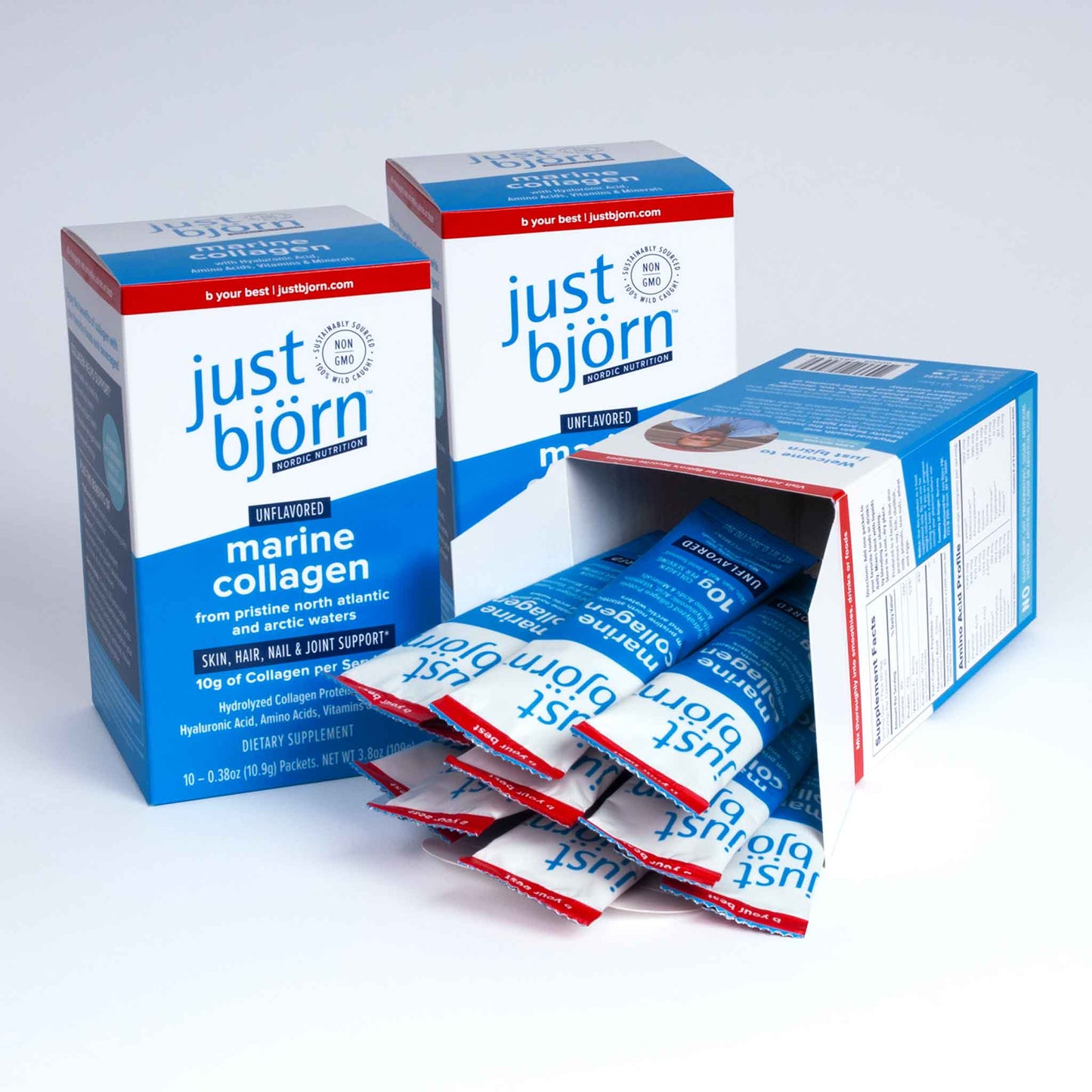 Just Bjorn Marine Collagen Stick Packs – 3 Pack Box with Hyaluronic Acid and Vitamin C