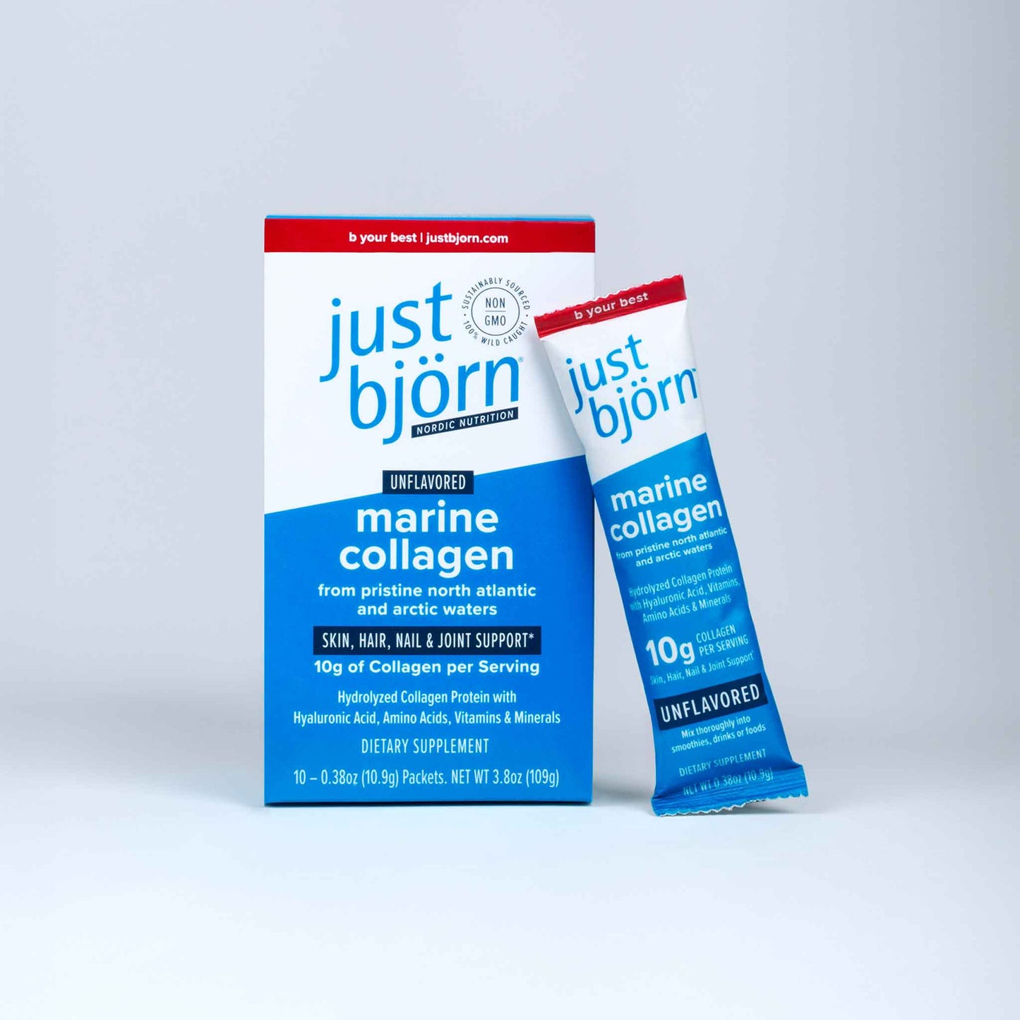 Just Bjorn Marine Collagen Stick Packs with Hyaluronic Acid and Vitamin C – Travel-Ready Unflavored Single-Serve Collagen Peptides for Skin, Hair & Joint Support