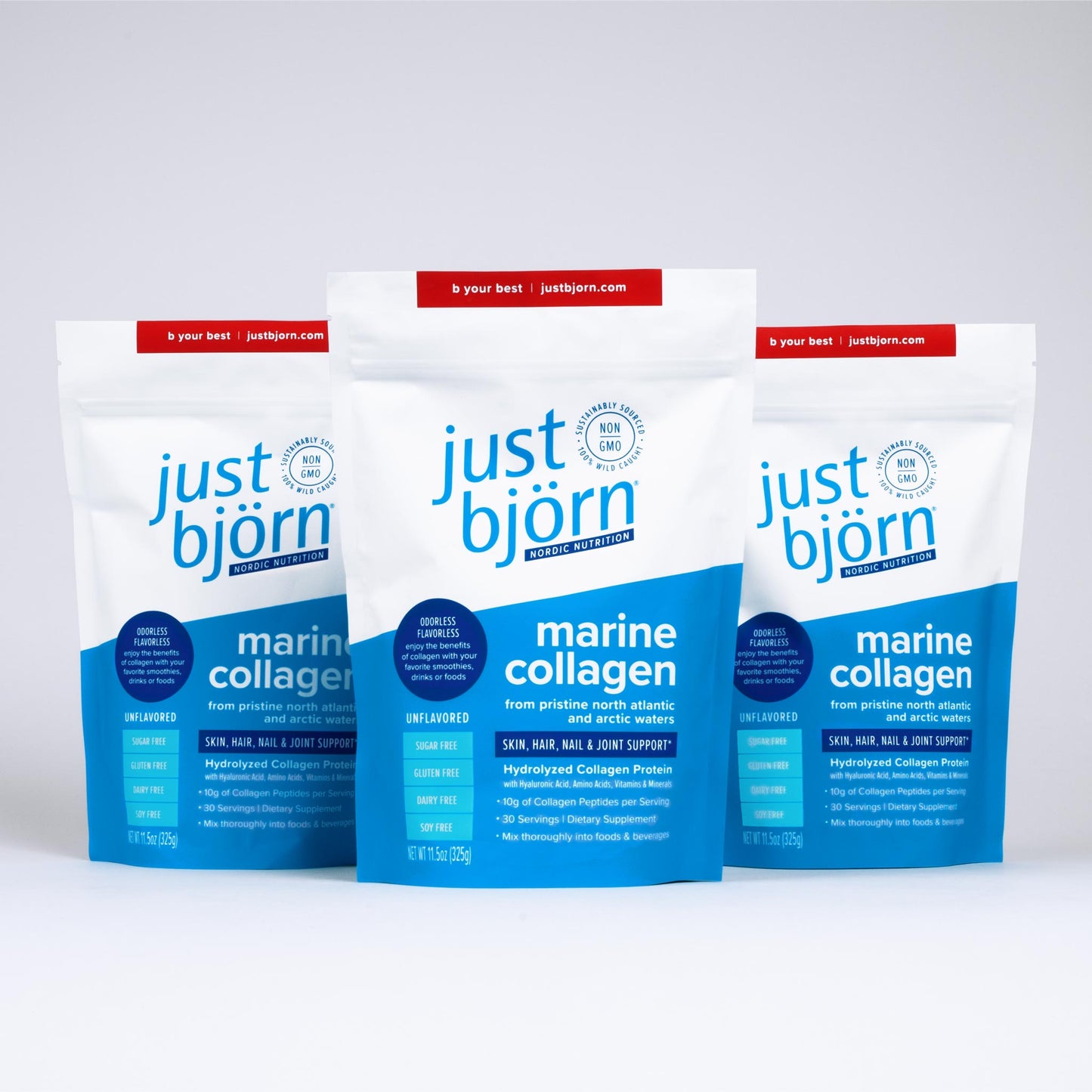 three 11.5oz just bjorn marine collagen peptide pouches