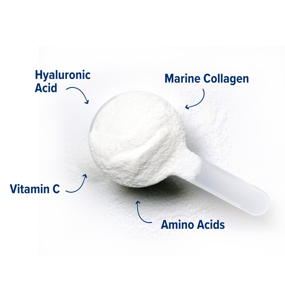 a scoop of just bjorn marine collagen featuring with Hyaluronic Acid, Amino Acids, Vitamins & Minerals