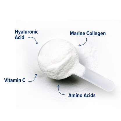 a scoop of just bjorn marine collagen featuring with Hyaluronic Acid, Amino Acids, Vitamins & Minerals