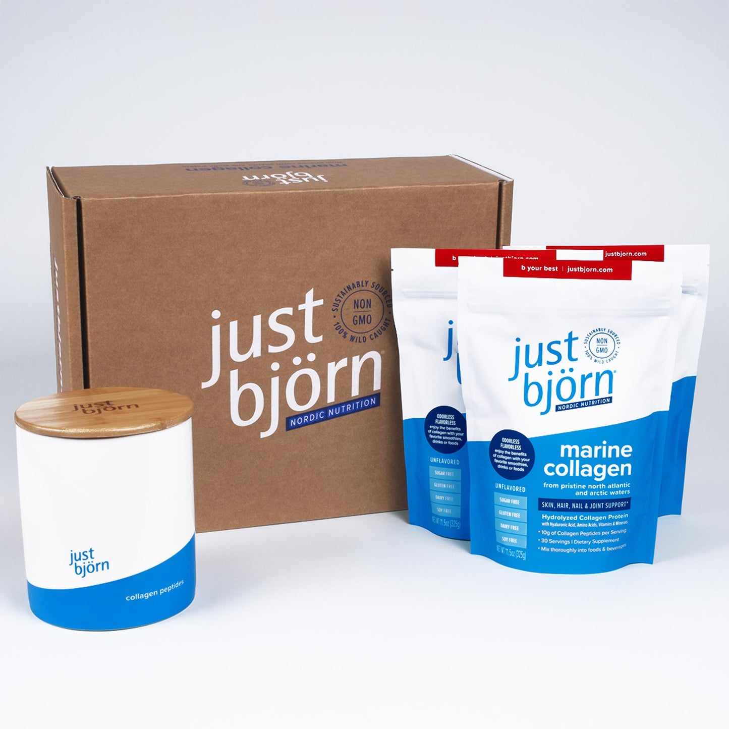 just bjorn marine collagen starter kit | Includes three 30 servings pouches and a free ceramic canister