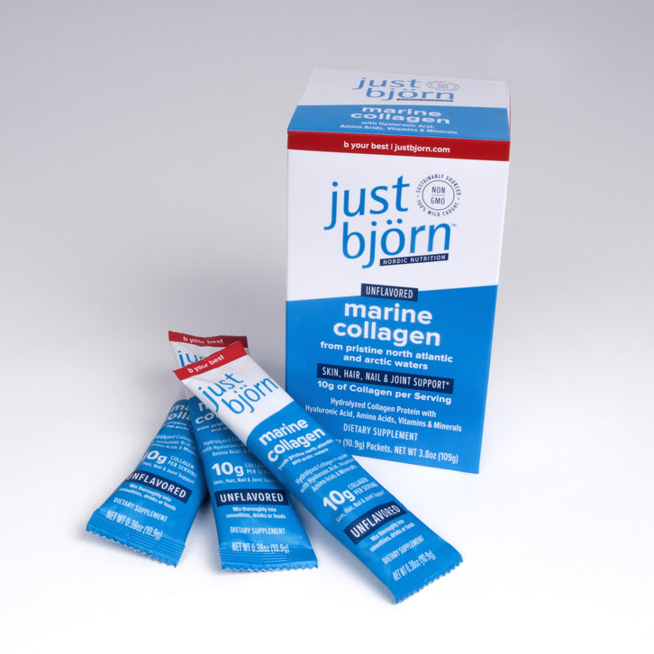 just bjorn travel size marine collagen peptide stick packs provide the perfect one serving nutrition boost.
