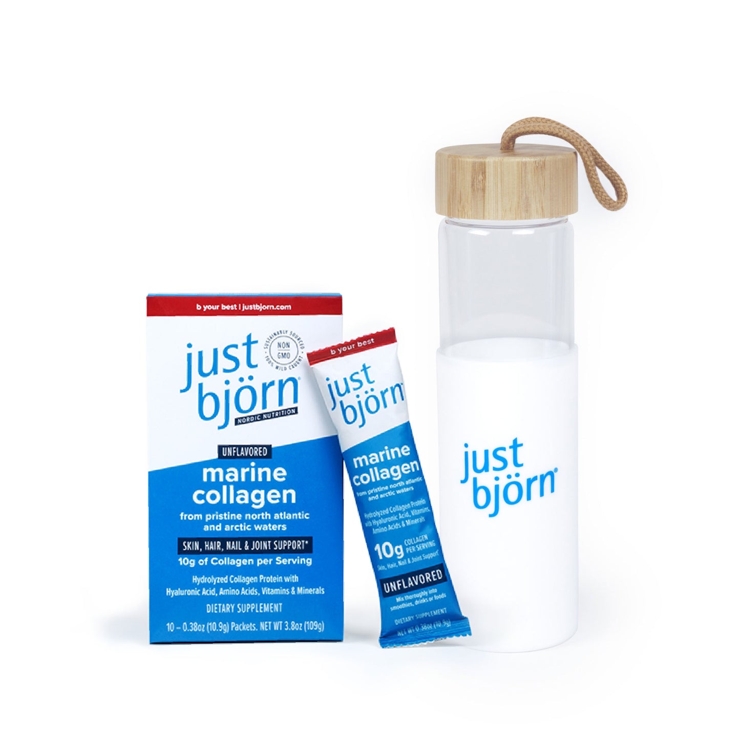 Set includes 10 single-serve marine collagen stick packs and a sleek, 20oz shatter-resistant glass bottle designed for easy mixing throughout the day.