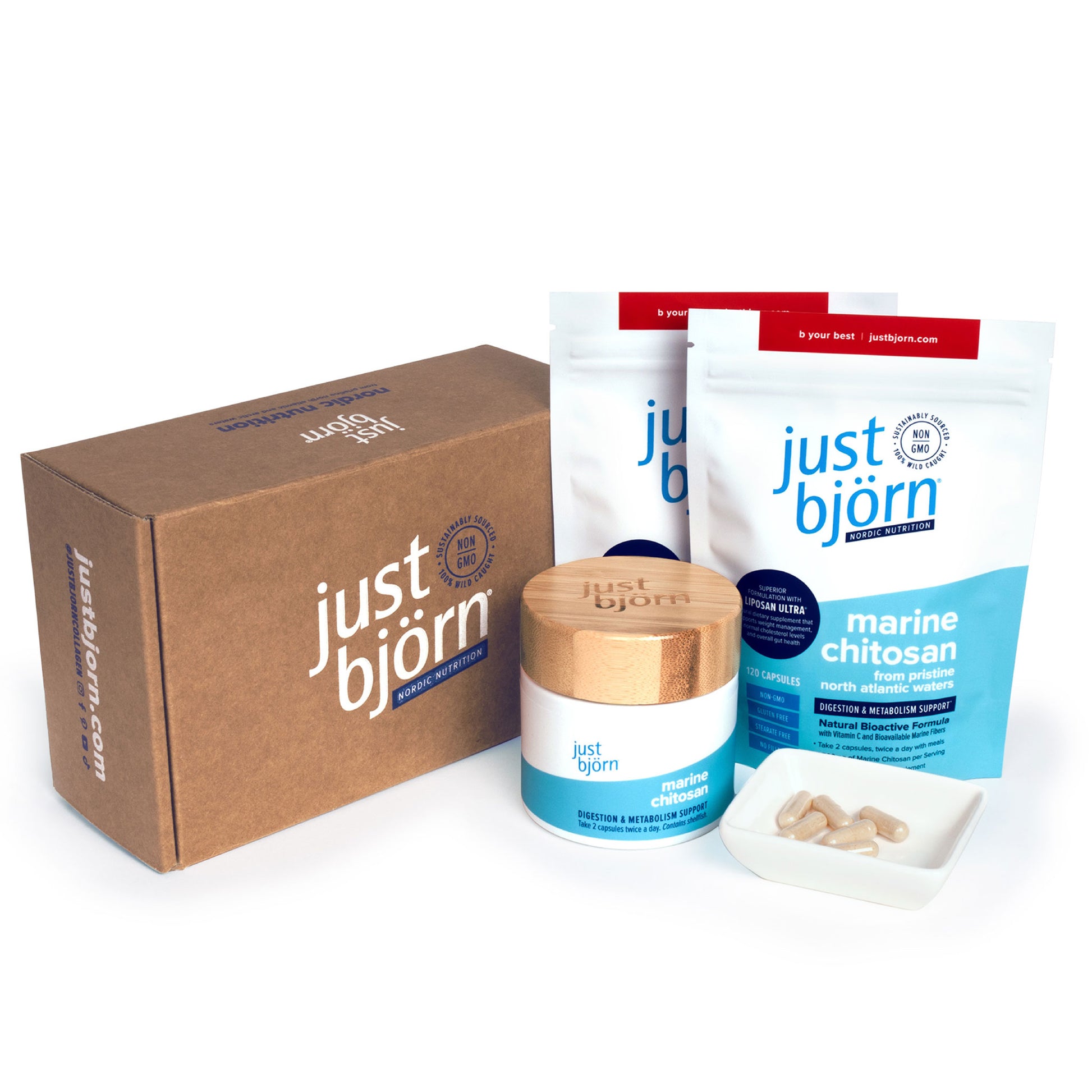 Just Björn Marine Chitosan Starter Kit contents including supplement pouches and storage canister for a 60 day supply