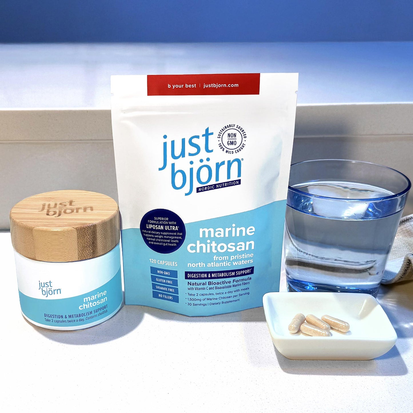 Marine chitosan starter kit pouch and storage jar with capsules and water as part of a daily digestion and metabolism routine