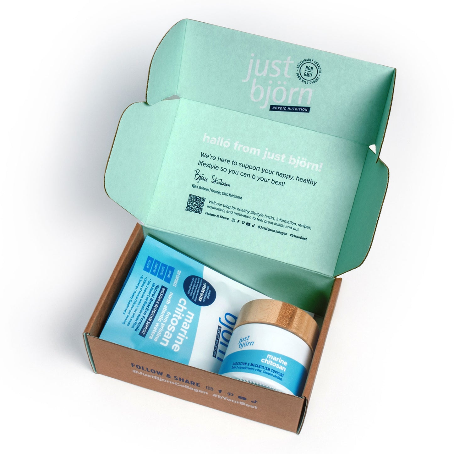 Unboxing Just Björn Marine Chitosan Starter Kit showing pouch supplement and storage canister designed for a 60 day routine