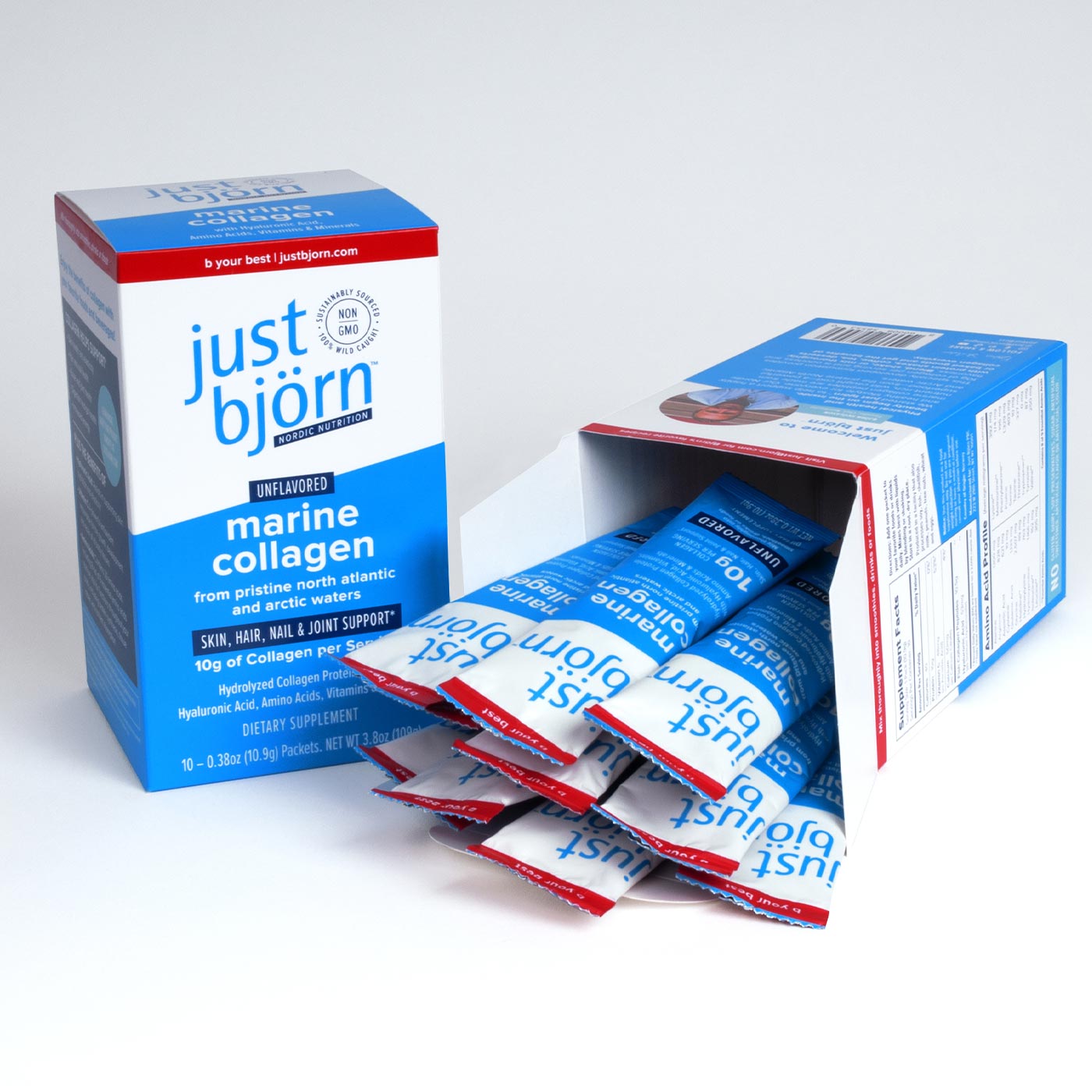 an opened and closed box of just björn stick packs 