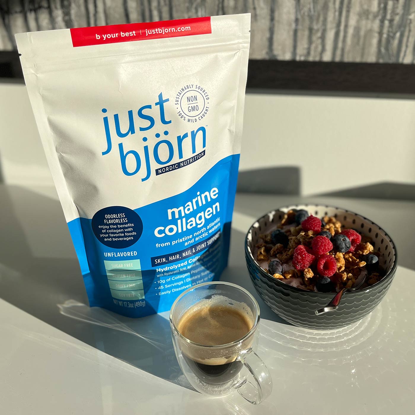 just björn collagen, coffee and yogurt with fruits and granola
